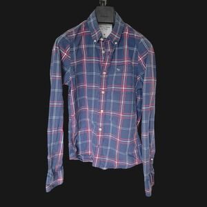 Y2K Abercrombie & Fitch Muscle Fit Plaid Button‎ Down Shirt Navy Blue Red Size M